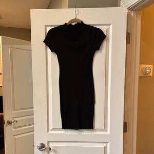 Black Bead Black Bodycon Mini Dress Mock Neck Short Sleeve